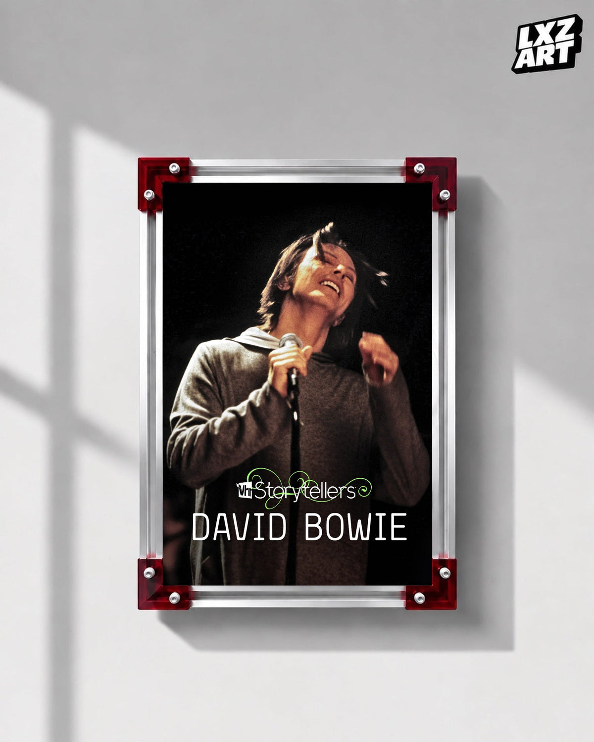 David Bowie VH1 Storytellers Live Portrait poster displayed on gray wall with red frame corners; frame not included