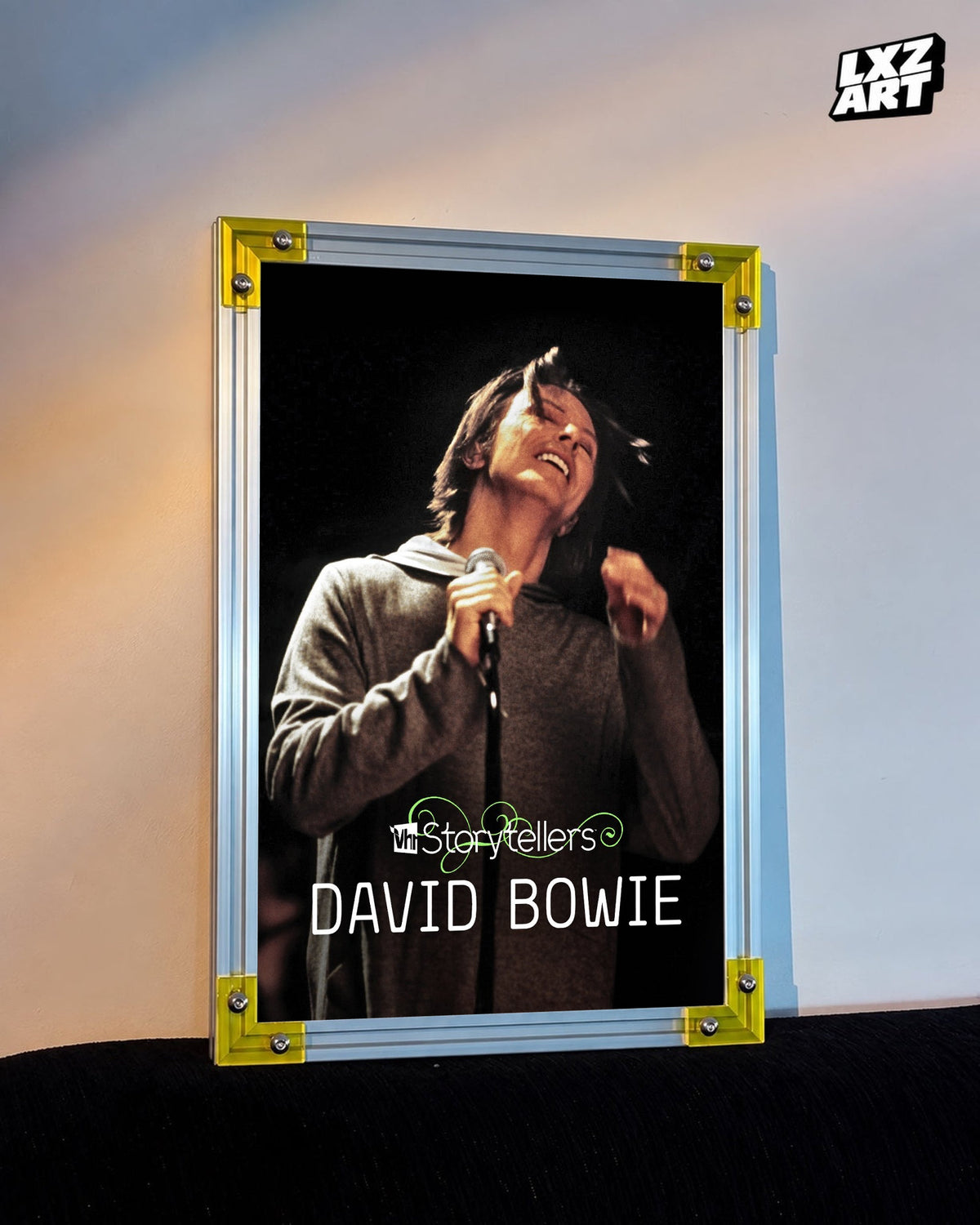 David Bowie VH1 Storytellers Live Portrait poster displayed on warm wall with yellow frame corners; frame not included