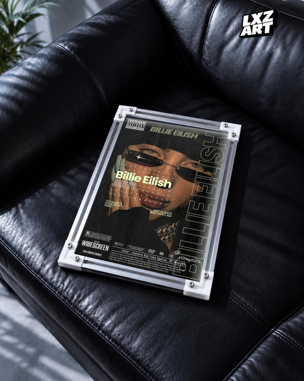 Billie Eilish Magazine-Inspired Portrait Poster | Unframed Bedroom Wall Art — black leather sofa display; unframed print, frame not included