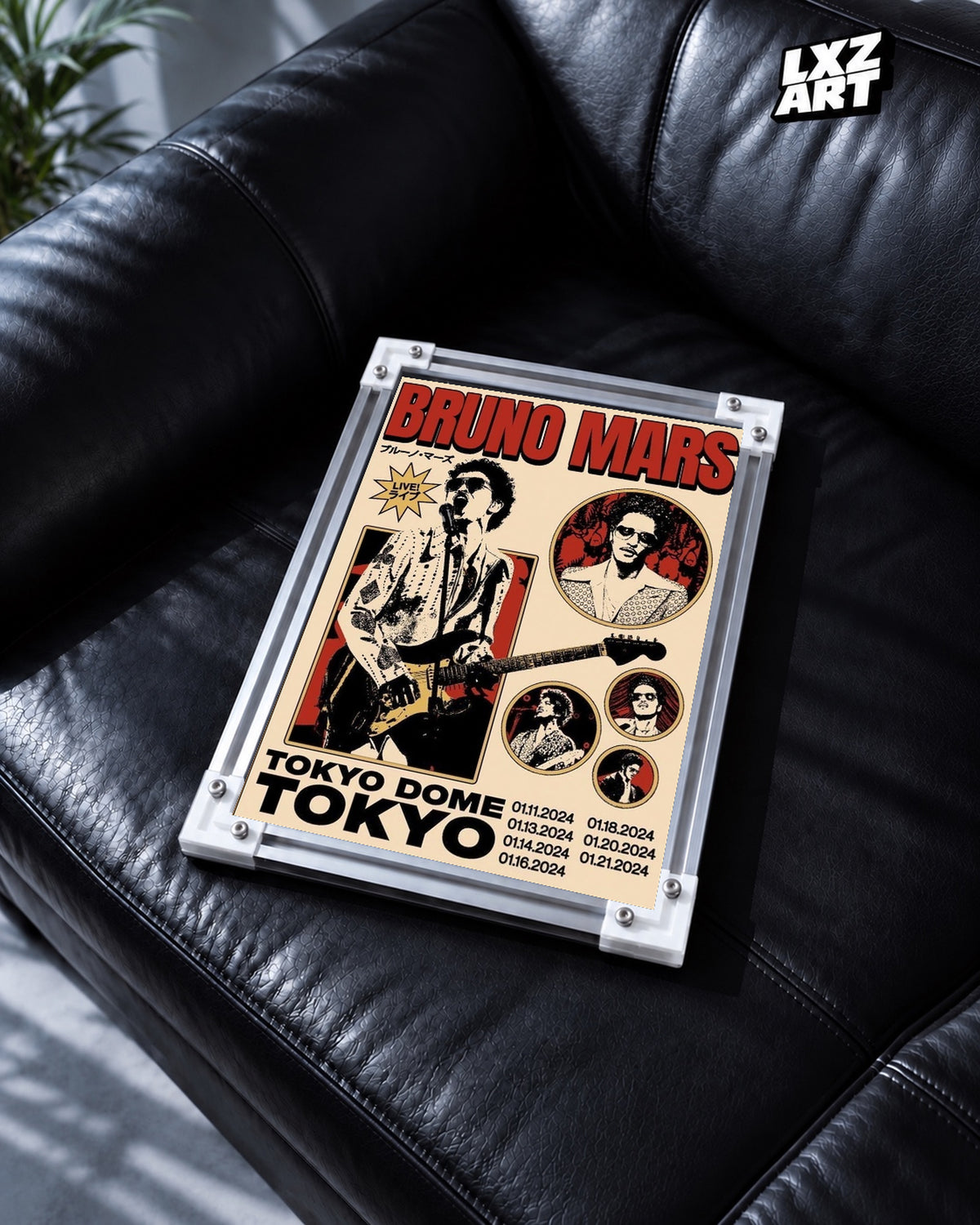 Bruno Mars Tokyo Dome Concert Poster Wall Art — black leather sofa display; unframed print, frame not included