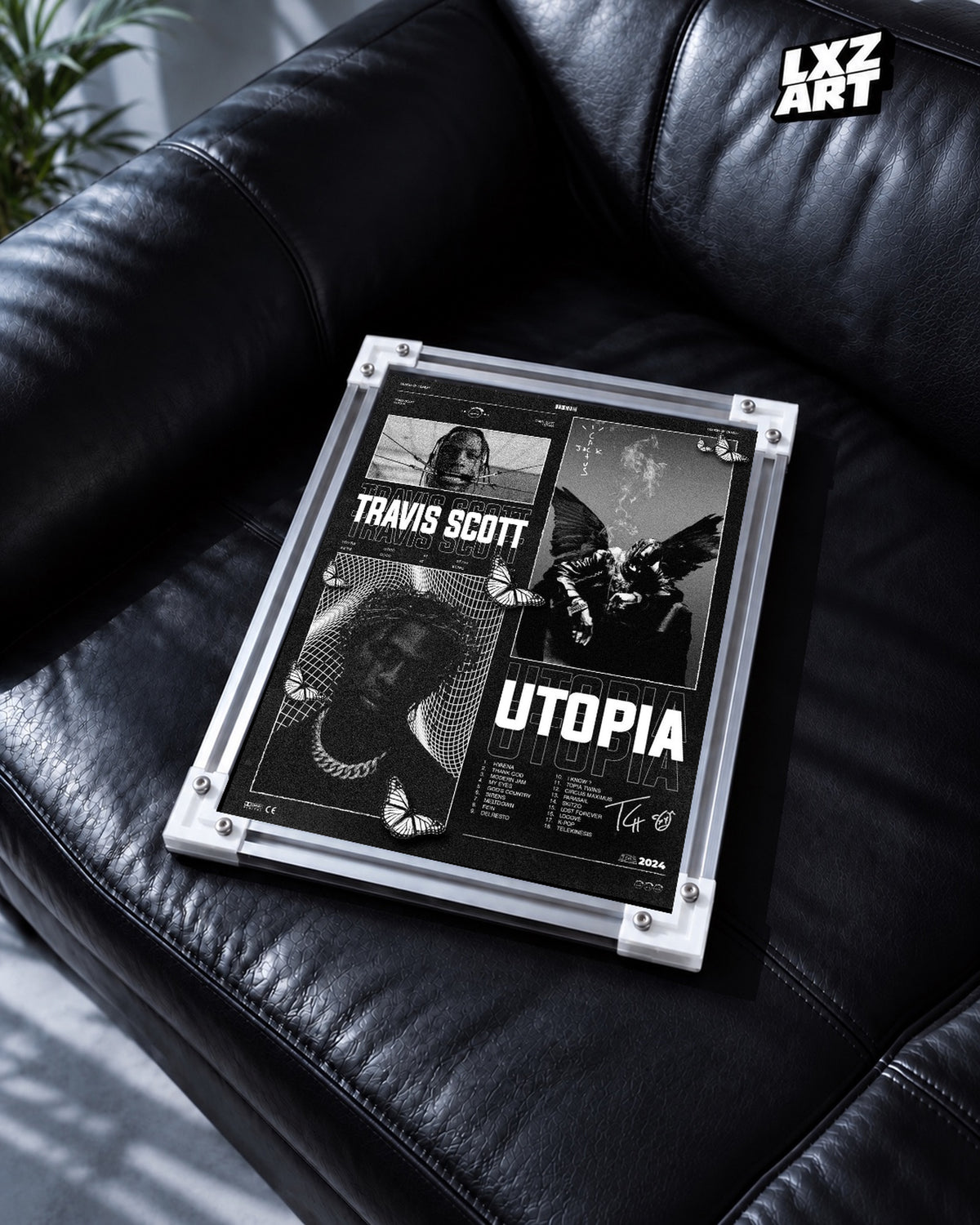 Travis Scott Utopia Collage Poster | Unframed Bedroom Wall Art — black leather sofa display; unframed print, frame not included