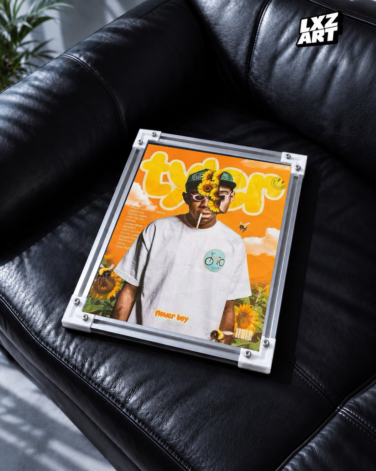 Tyler, The Creator Flower Boy Tracklist Poster | Unframed Bedroom Wall Art — black leather sofa display; unframed print, frame not included