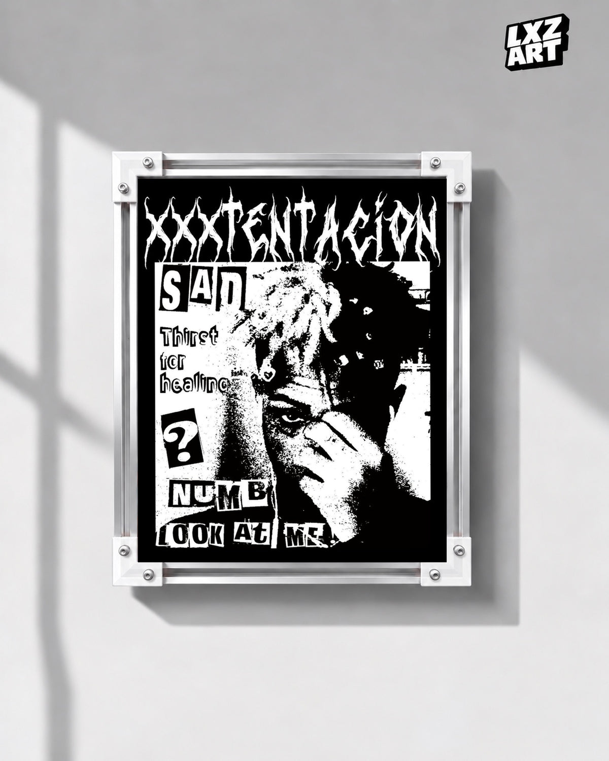 XXXTentacion Question Mark Era Grunge Poster | Unframed Emo Rap Wall Art — gray wall display; unframed print, frame not included