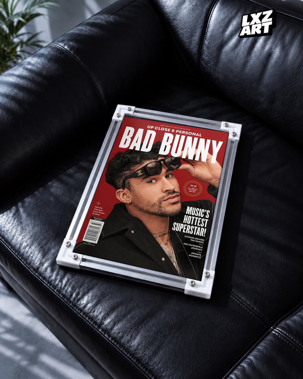 Bad Bunny Red Portrait Poster | Unframed Bedroom Wall Art — black leather sofa display; unframed print, frame not included