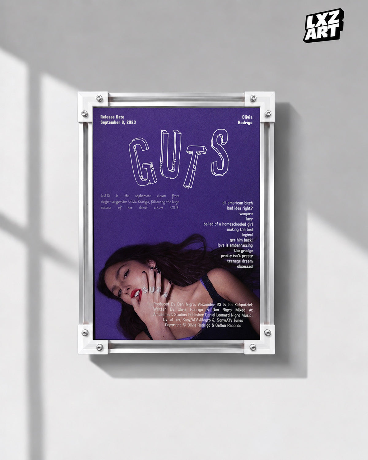 Olivia Rodrigo GUTS Tracklist Poster | Unframed Bedroom Wall Art — gray wall display; unframed print, frame not included