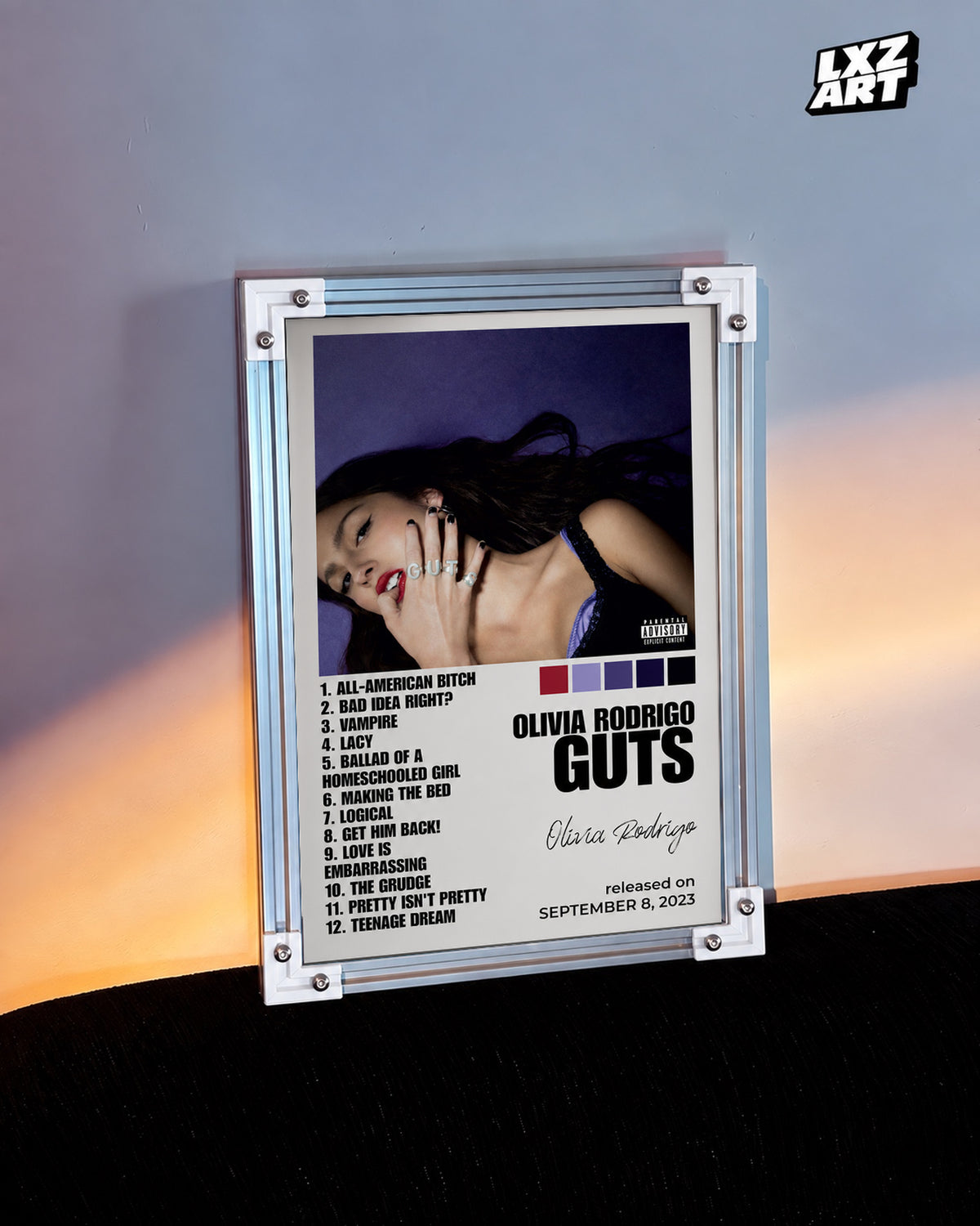 Olivia Rodrigo GUTS White Palette Tracklist Poster | Unframed Wall Art — warm wall display; unframed print, frame not included