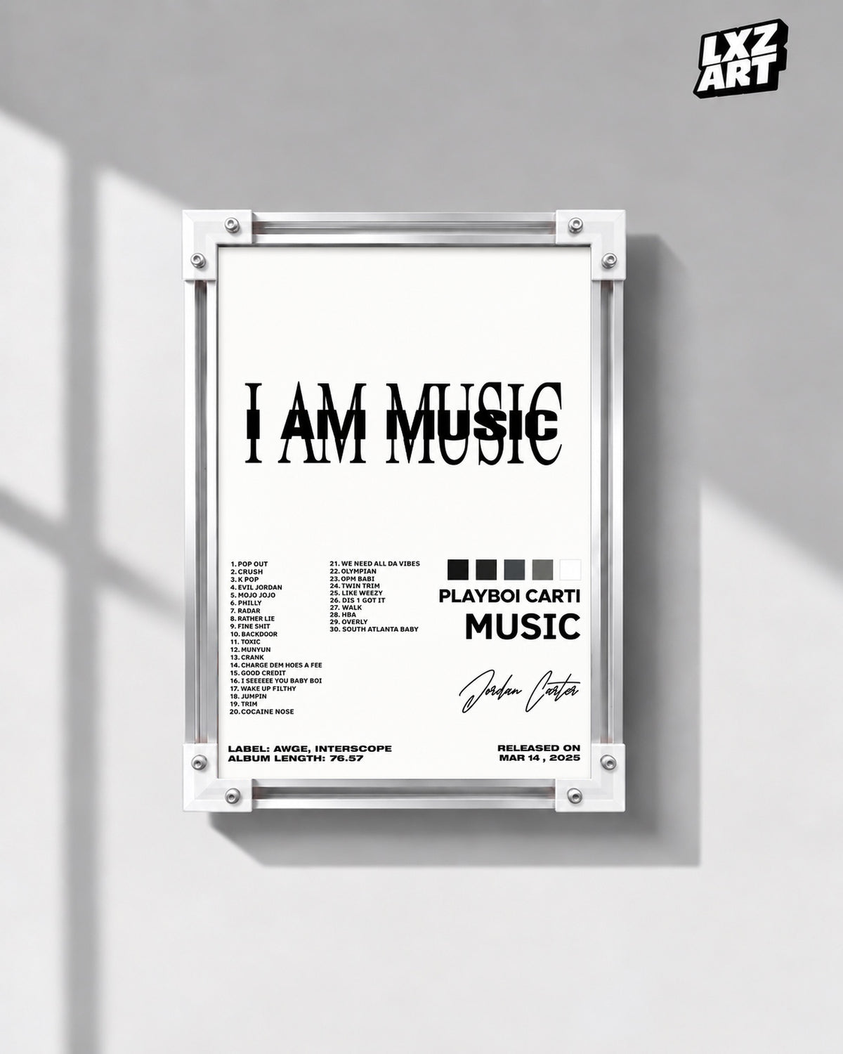 Playboi Carti I AM MUSIC Layered Typography Tracklist Poster | Unframed Wall Art — gray wall display; unframed print, frame not included