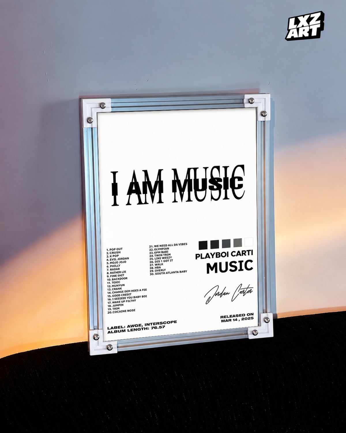Playboi Carti I AM MUSIC Layered Typography Tracklist Poster | Unframed Wall Art — warm wall display; unframed print, frame not included