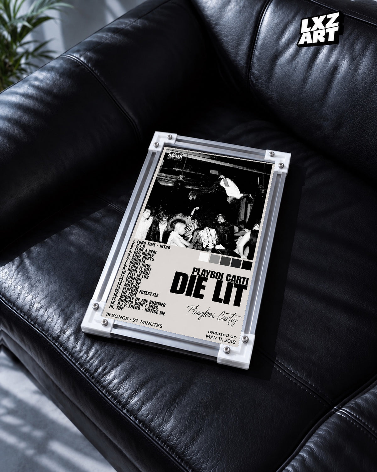 Playboi Carti Die Lit White Tracklist Poster | Unframed Wall Art — black leather sofa display; unframed print, frame not included
