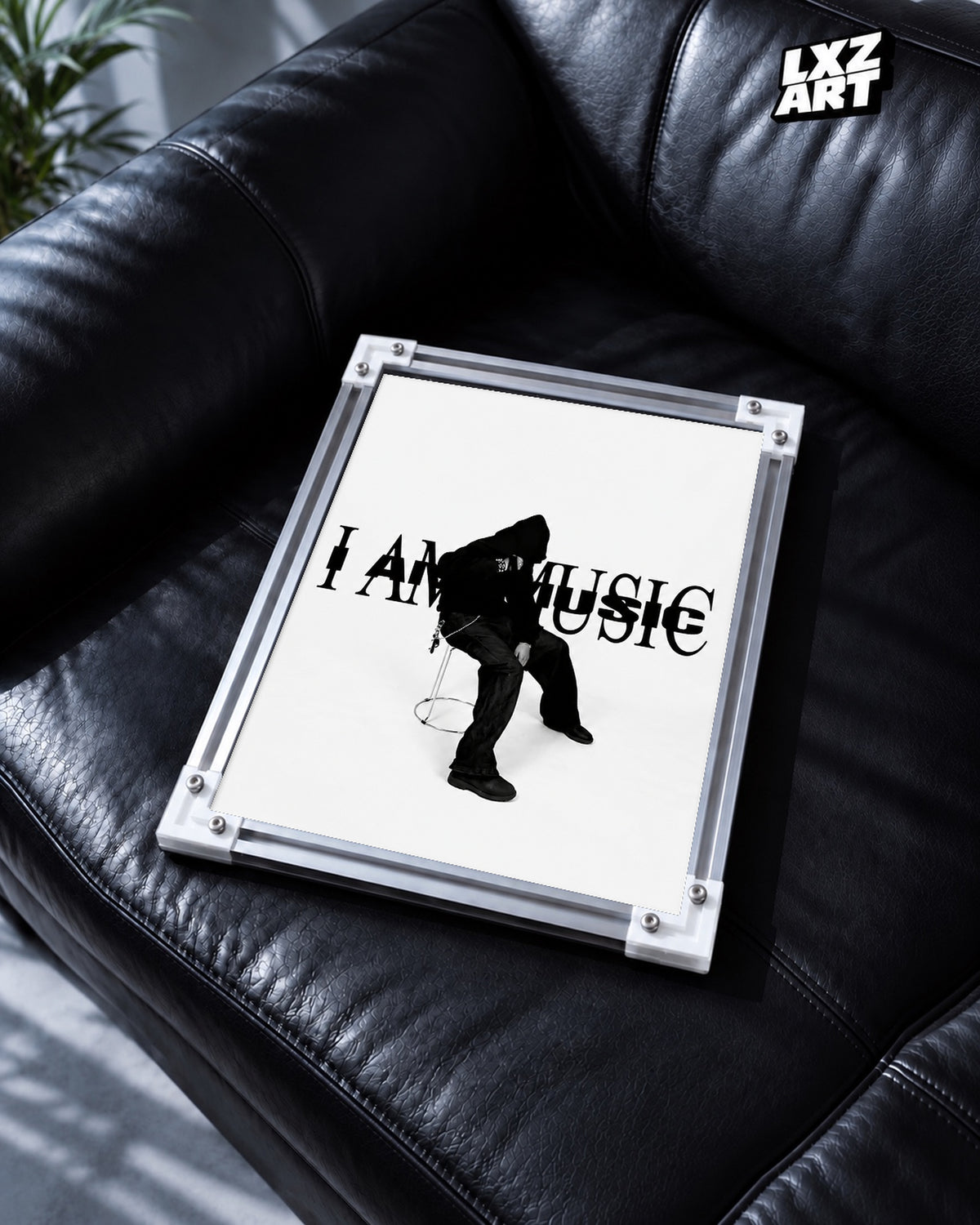 Playboi Carti I AM MUSIC Minimal Poster | Unframed Bedroom Wall Art — black leather sofa display; unframed print, frame not included