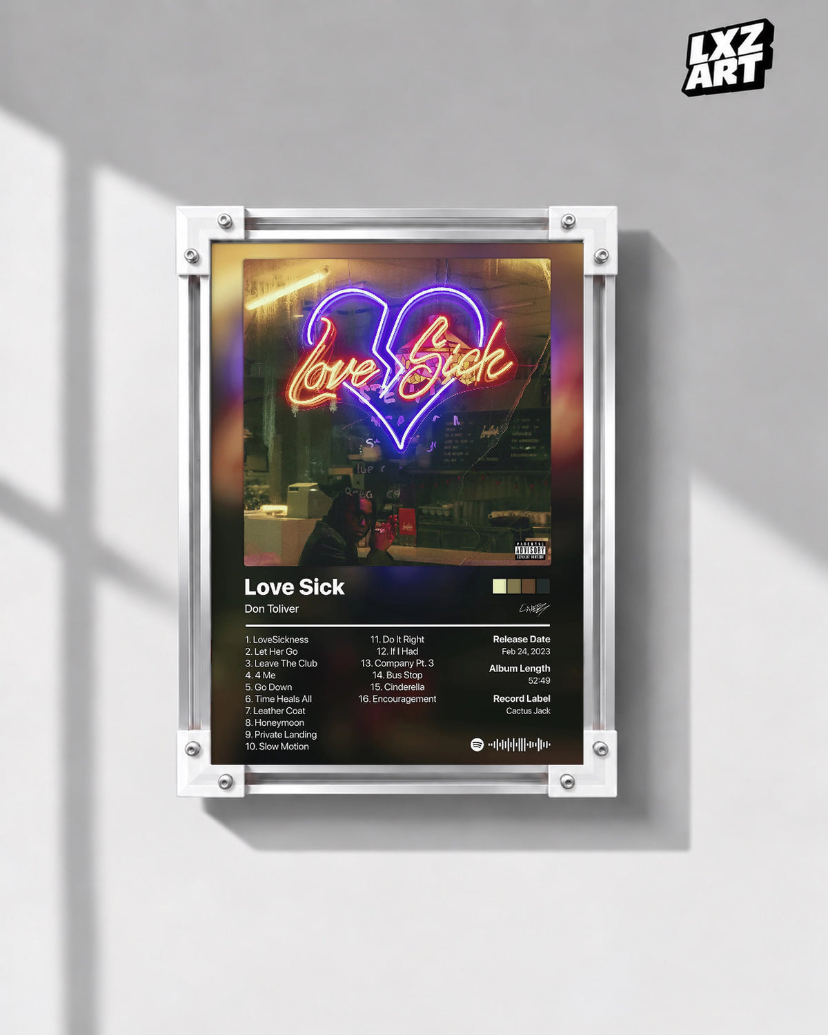 Don Toliver Love Sick Neon Heart Black Tracklist Poster | Unframed Wall Art — gray wall display; unframed print, frame not included