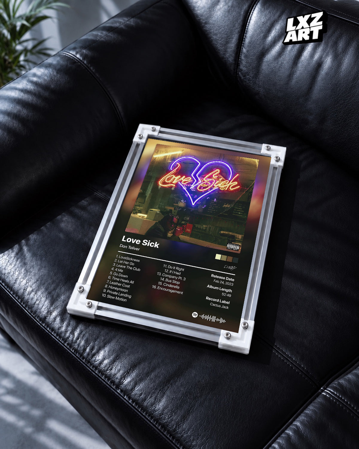 Don Toliver Love Sick Neon Heart Black Tracklist Poster | Unframed Wall Art — black leather sofa display; unframed print, frame not included