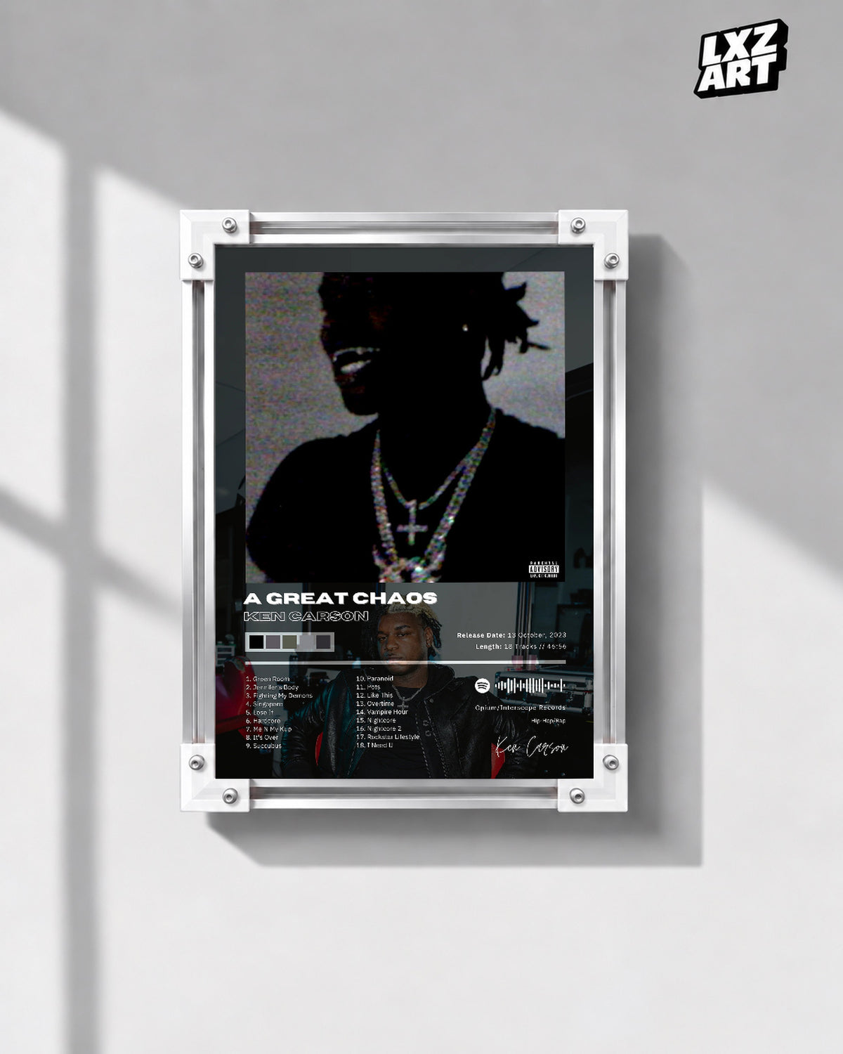 Ken Carson A Great Chaos Dark Studio Tracklist Poster | Unframed Wall Art — gray wall display; unframed print, frame not included