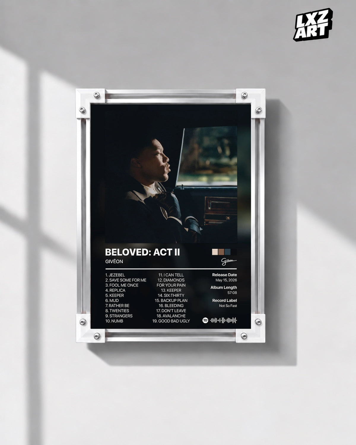 GIVĒON BELOVED: ACT II Black Tracklist Poster | Unframed Wall Art — gray wall display; unframed print, frame not included