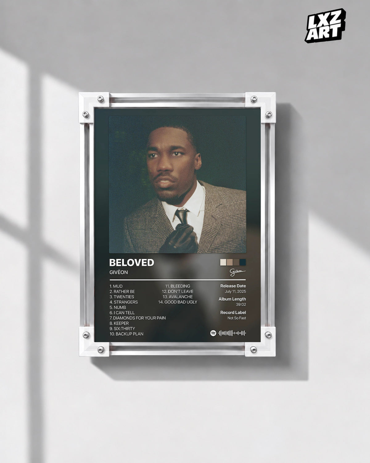 GIVĒON BELOVED Black Portrait Tracklist Poster | Unframed Wall Art — gray wall display; unframed print, frame not included