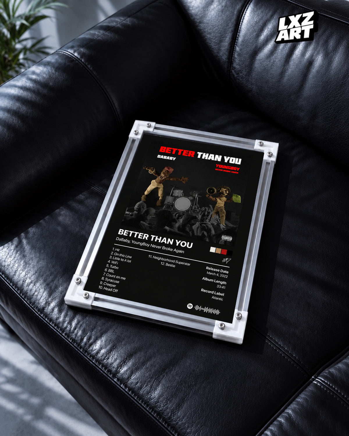DaBaby YoungBoy Better Than You Tracklist Poster | Unframed Bedroom Wall Art — black leather sofa display; unframed print, frame not included