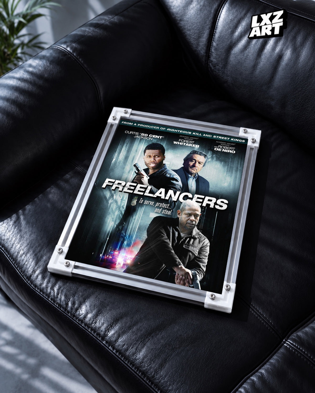 50 Cent Freelancers Movie Poster | Unframed Wall Art — black leather sofa display; unframed print, frame not included