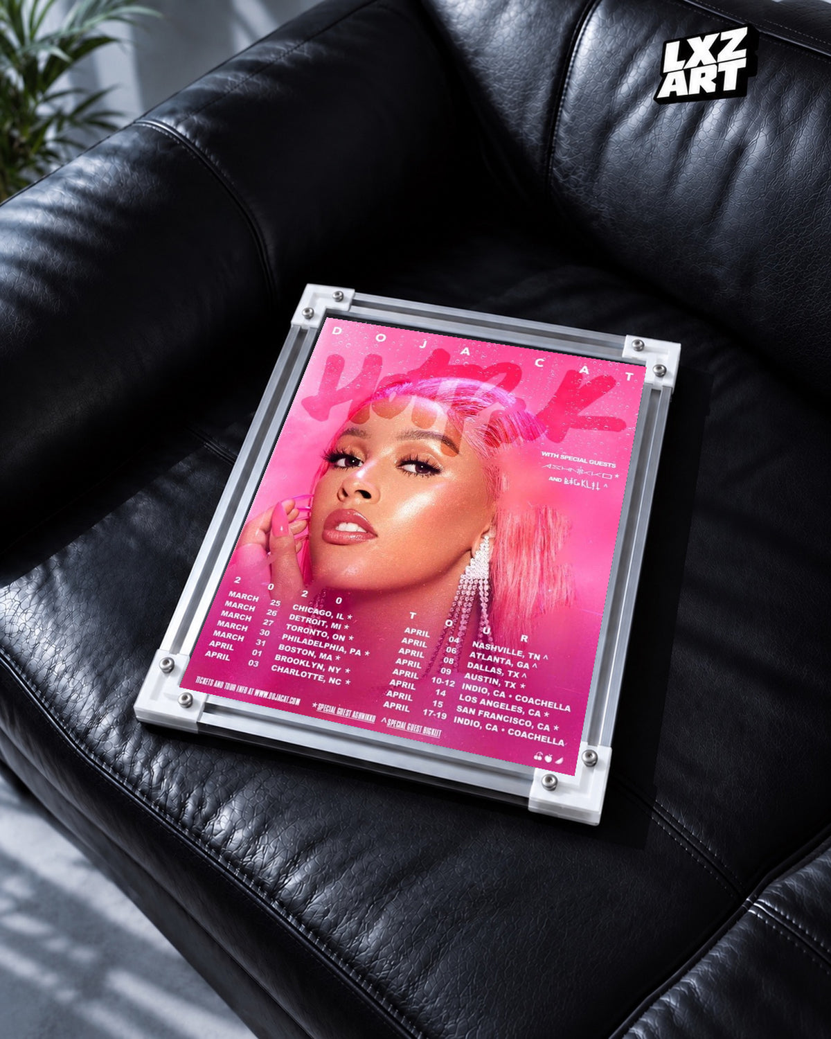 Doja Cat Hot Pink Tour Poster | Unframed Wall Art — black leather sofa display; unframed print, frame not included