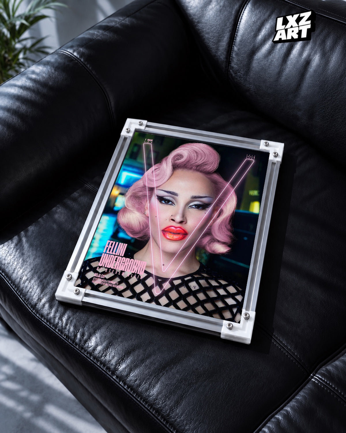 Doja Cat V155 Fellini Underground Cover Poster | Unframed Wall Art — black leather sofa display; unframed print, frame not included