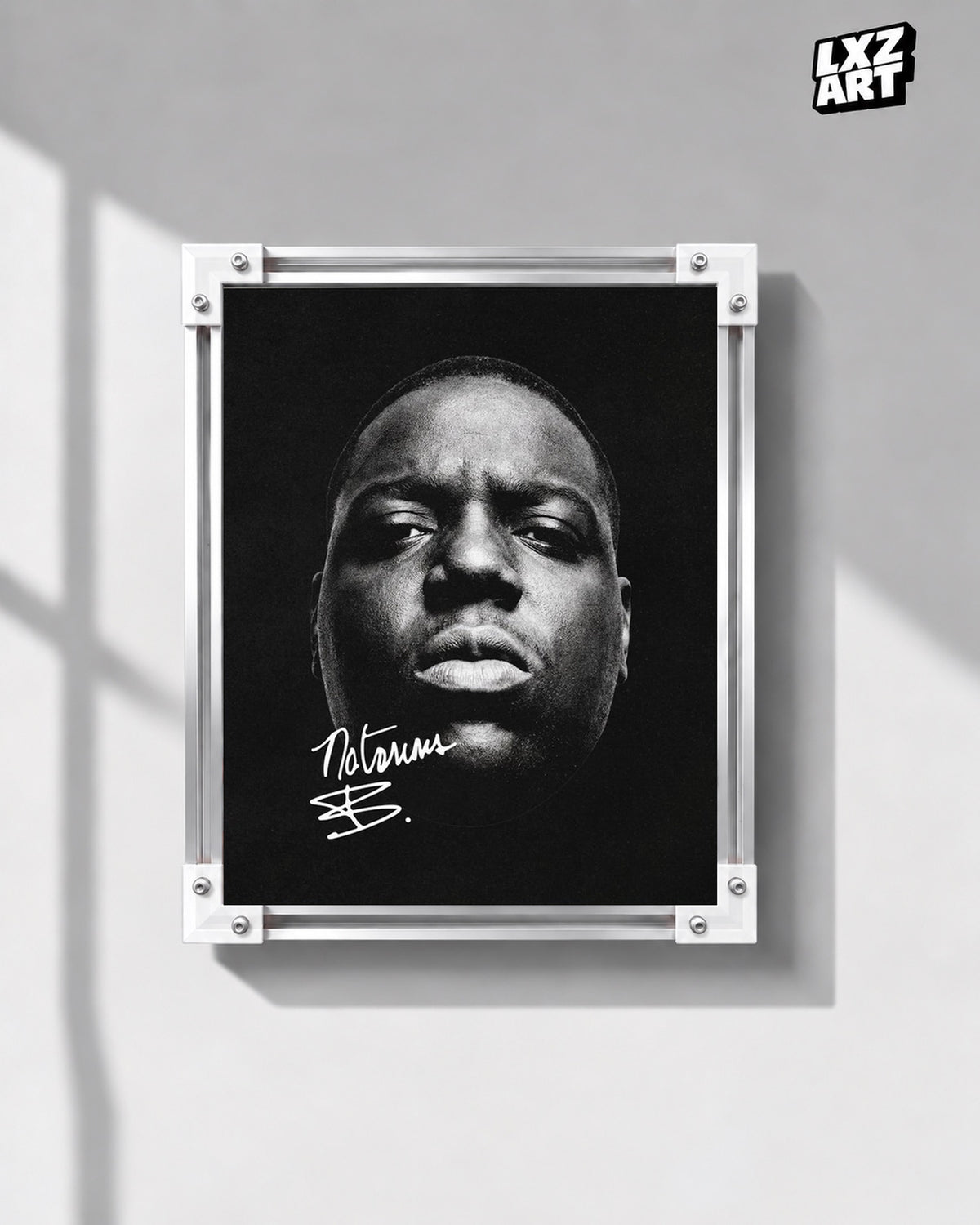 The Notorious B.I.G. Black and White Close-Up Portrait Poster | Unframed — gray wall display; unframed print, frame not included