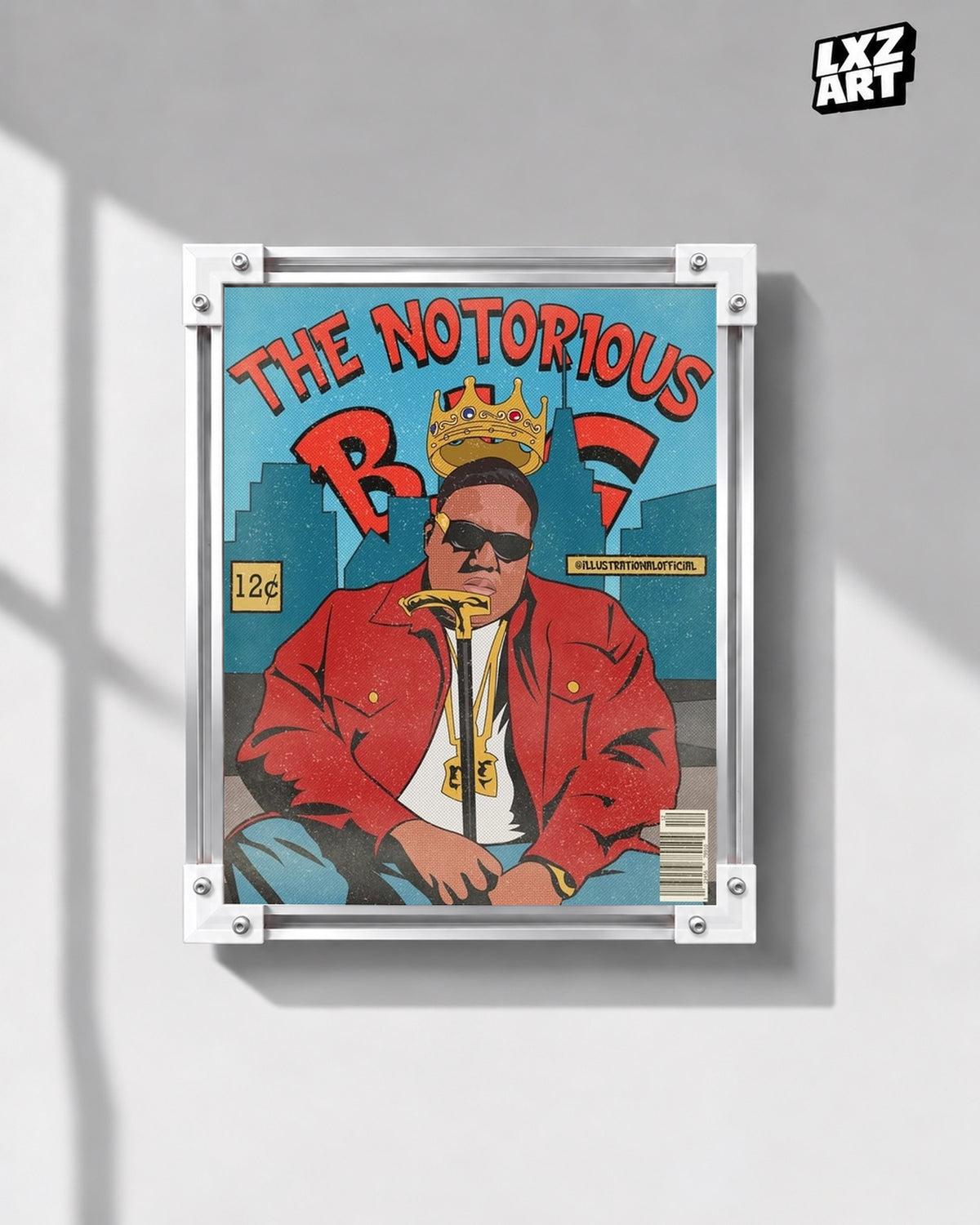 The Notorious B.I.G. Red Jacket Comic Style Poster | Unframed — gray wall display; unframed print, frame not included