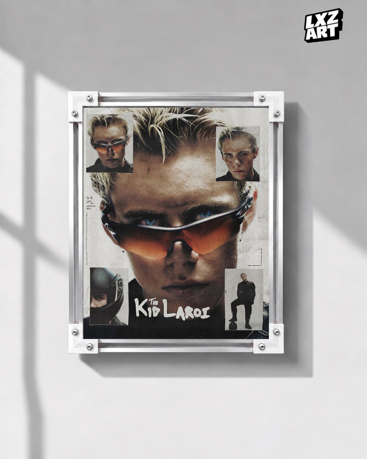 The Kid LAROI Sunglasses Portrait Collage Poster | Unframed — gray wall display; unframed print, frame not included