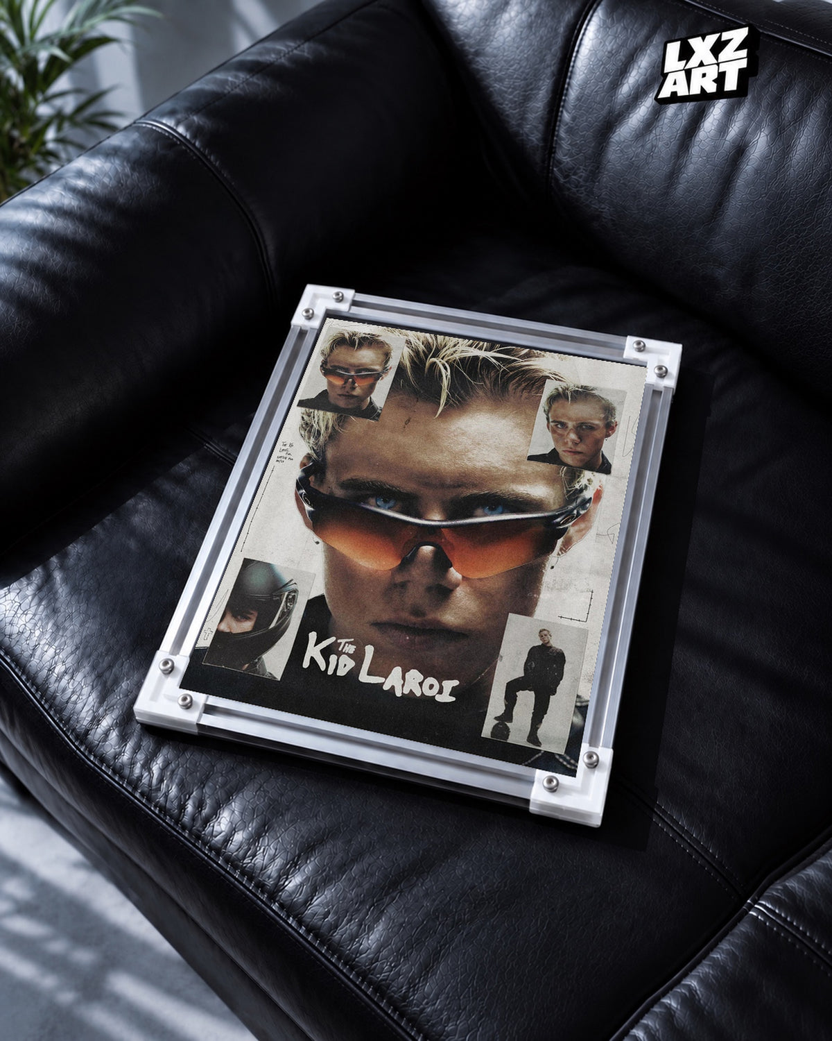 The Kid LAROI Sunglasses Portrait Collage Poster | Unframed — black leather sofa display; unframed print, frame not included