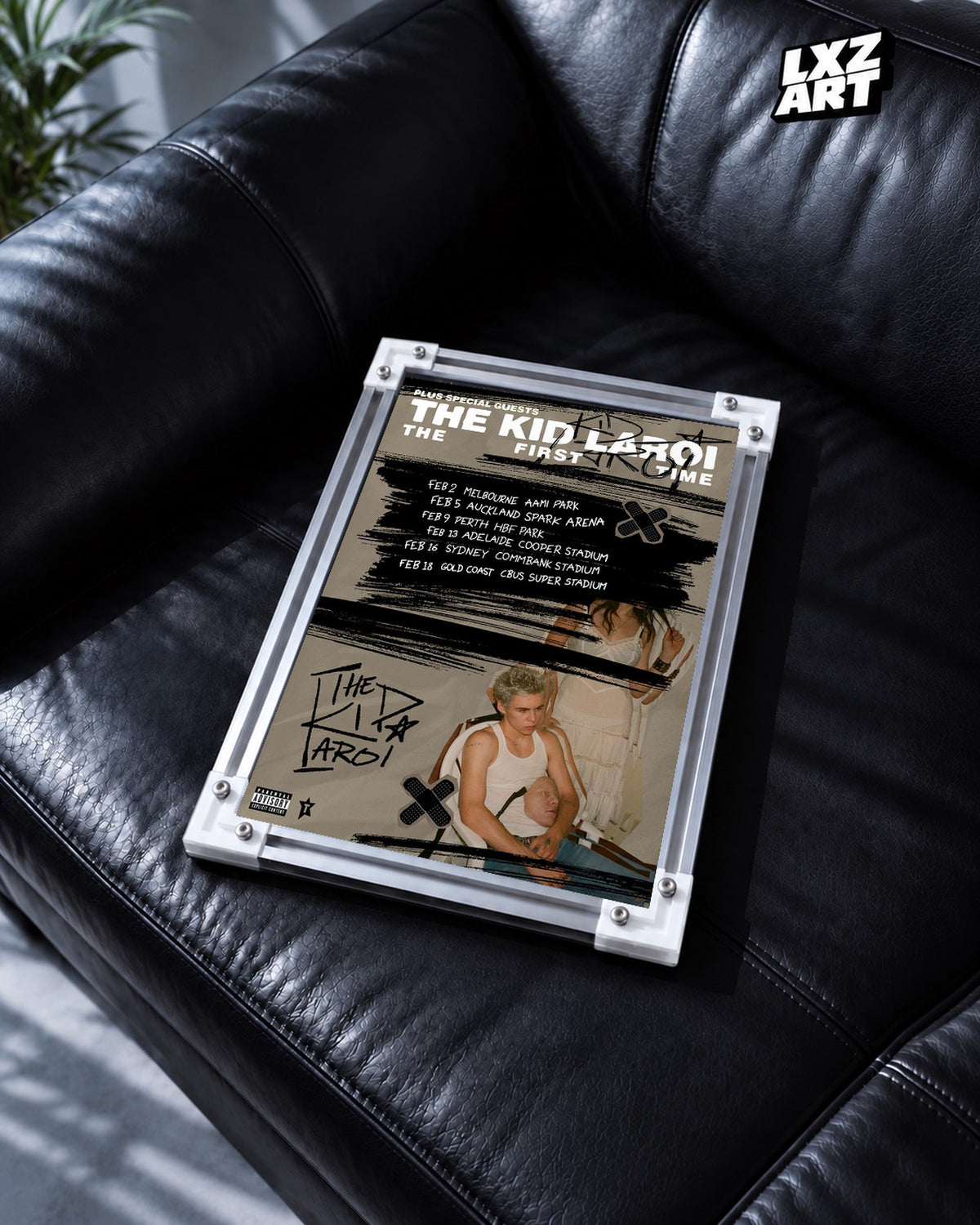 The Kid LAROI The First Time Tour Date Collage Poster | Unframed — black leather sofa display; unframed print, frame not included