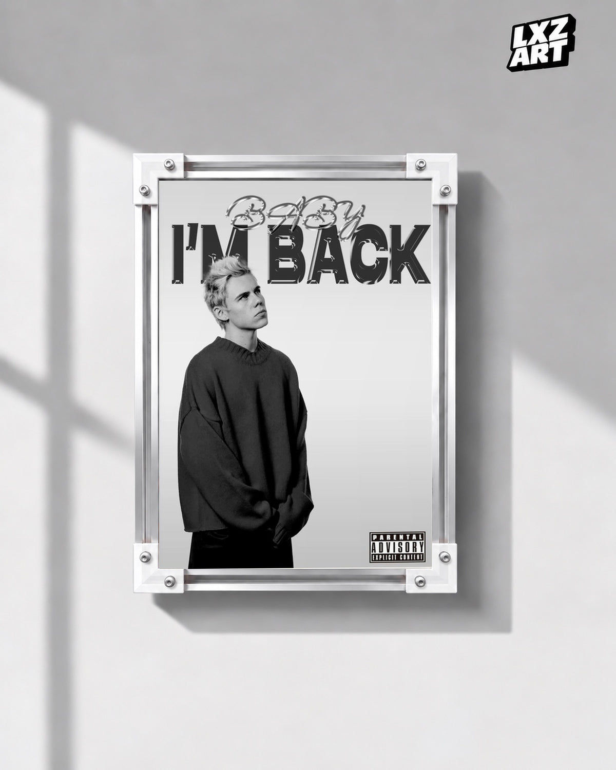 The Kid LAROI BABY I'M BACK Black and White Portrait Poster | Unframed — gray wall display; unframed print, frame not included