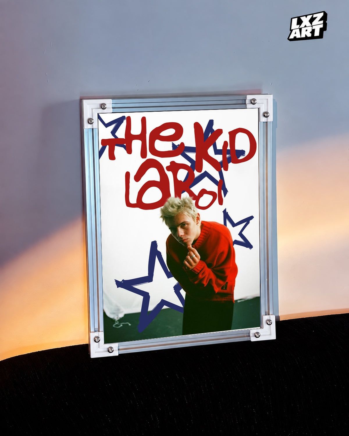 The Kid LAROI Red Sweater and Blue Stars Poster | Unframed — warm wall display; unframed print, frame not included