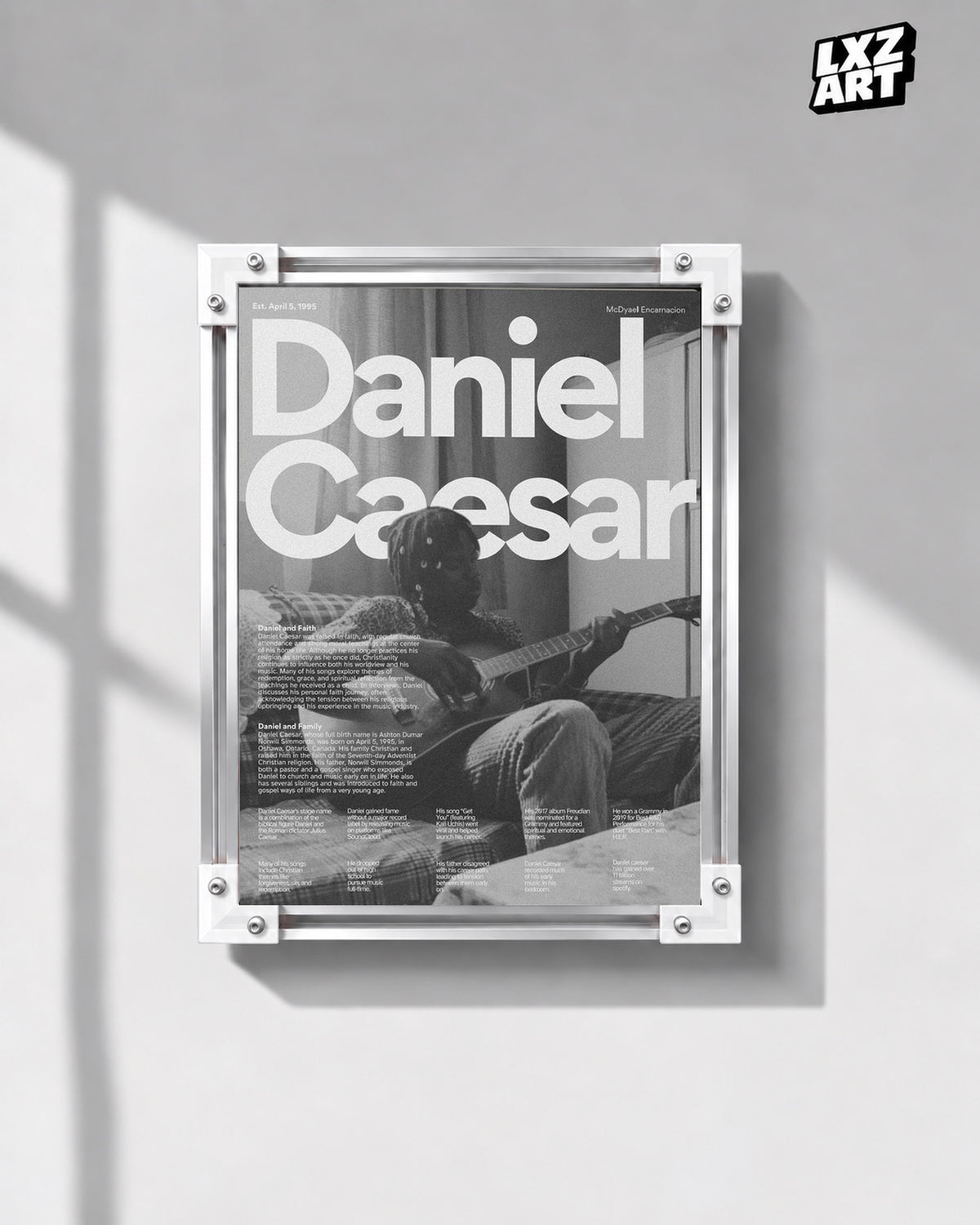 Daniel Caesar Black & White Guitar Portrait Poster | Unframed Wall Art — gray wall display; unframed print, frame not included