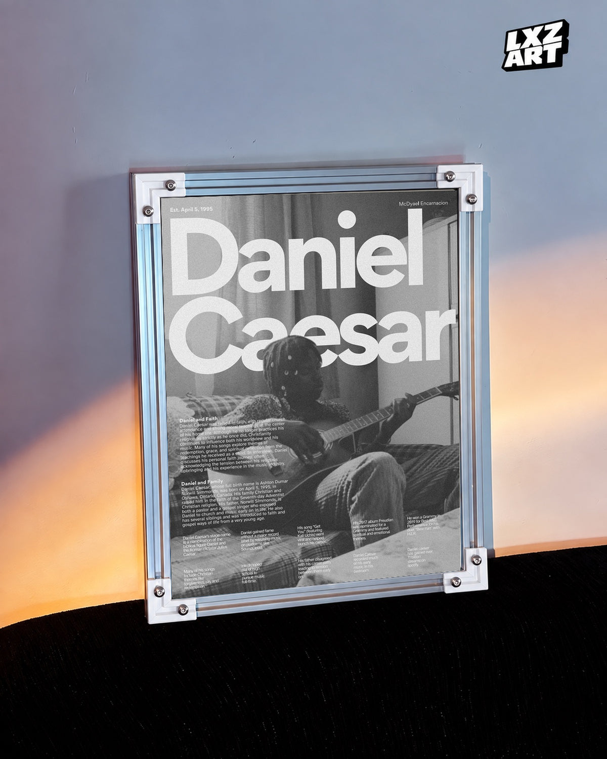 Daniel Caesar Black & White Guitar Portrait Poster | Unframed Wall Art — warm wall display; unframed print, frame not included