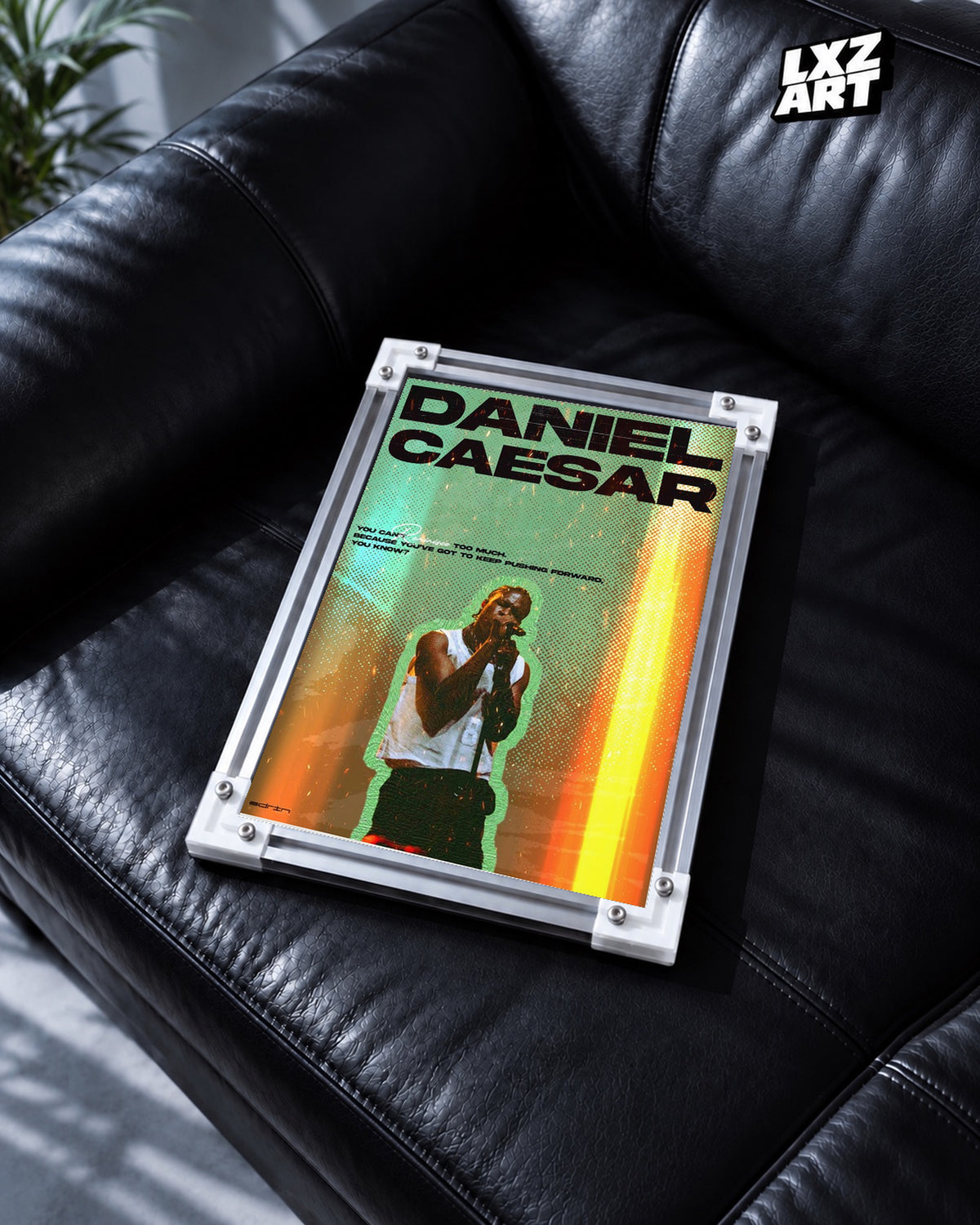 Daniel Caesar Green & Gold Performance Poster | Unframed Wall Art — black leather sofa display; unframed print, frame not included