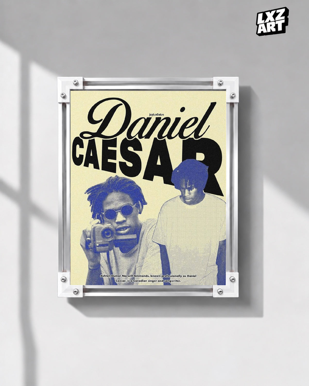 Daniel Caesar Yellow & Blue Camera Collage Poster | Unframed Wall Art — gray wall display; unframed print, frame not included