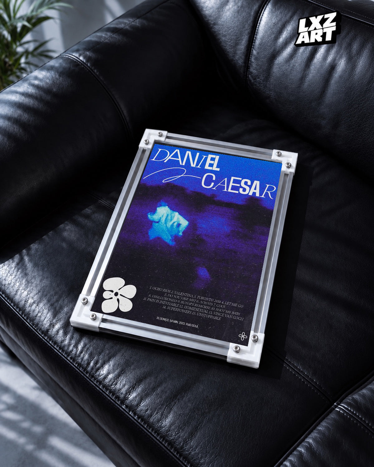 Daniel Caesar Never Enough Blue Floral Album Poster | Unframed Wall Art — black leather sofa display; unframed print, frame not included