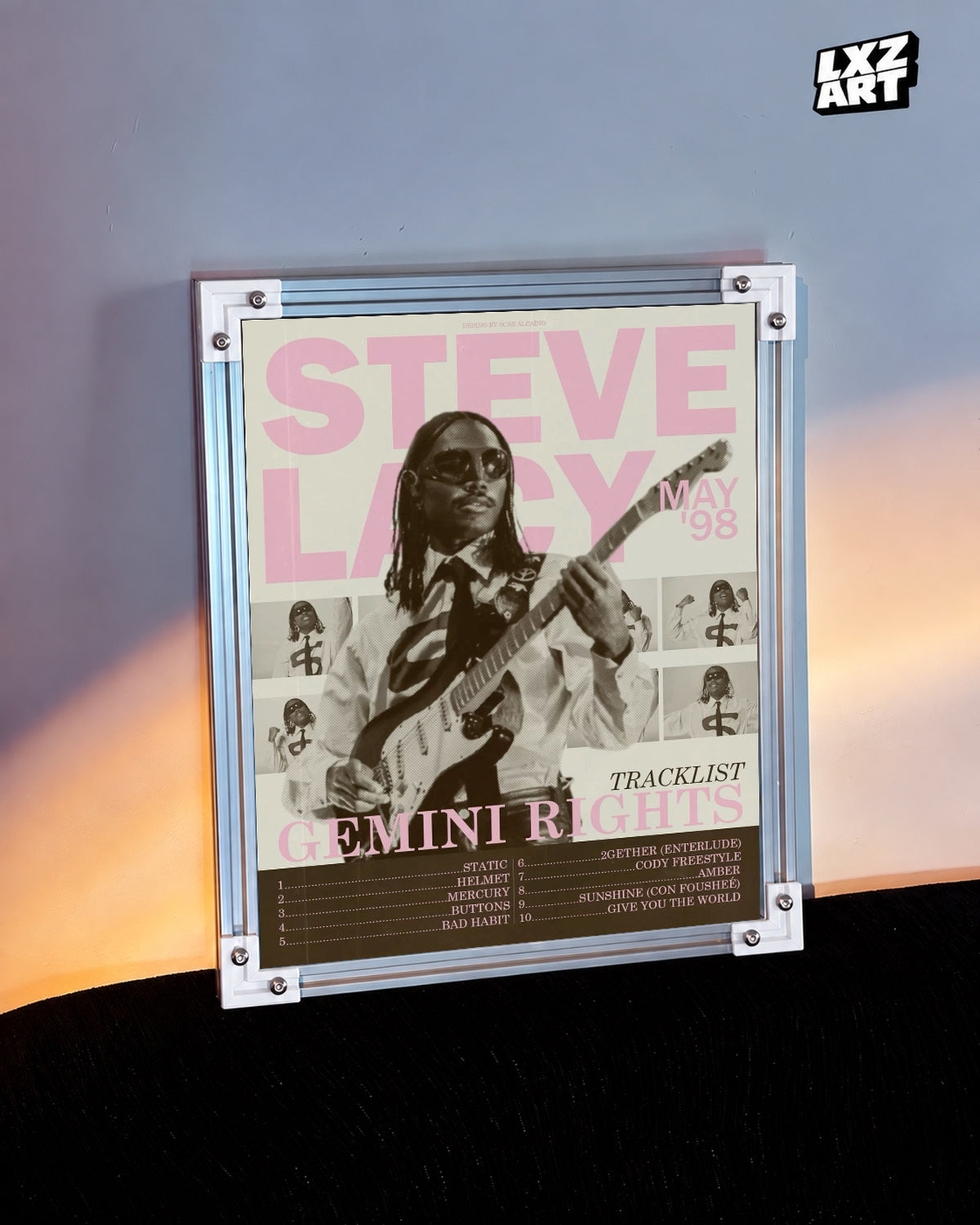 Steve Lacy Gemini Rights Pink Guitar Collage Poster | Unframed Wall Art — warm wall display; unframed print, frame not included