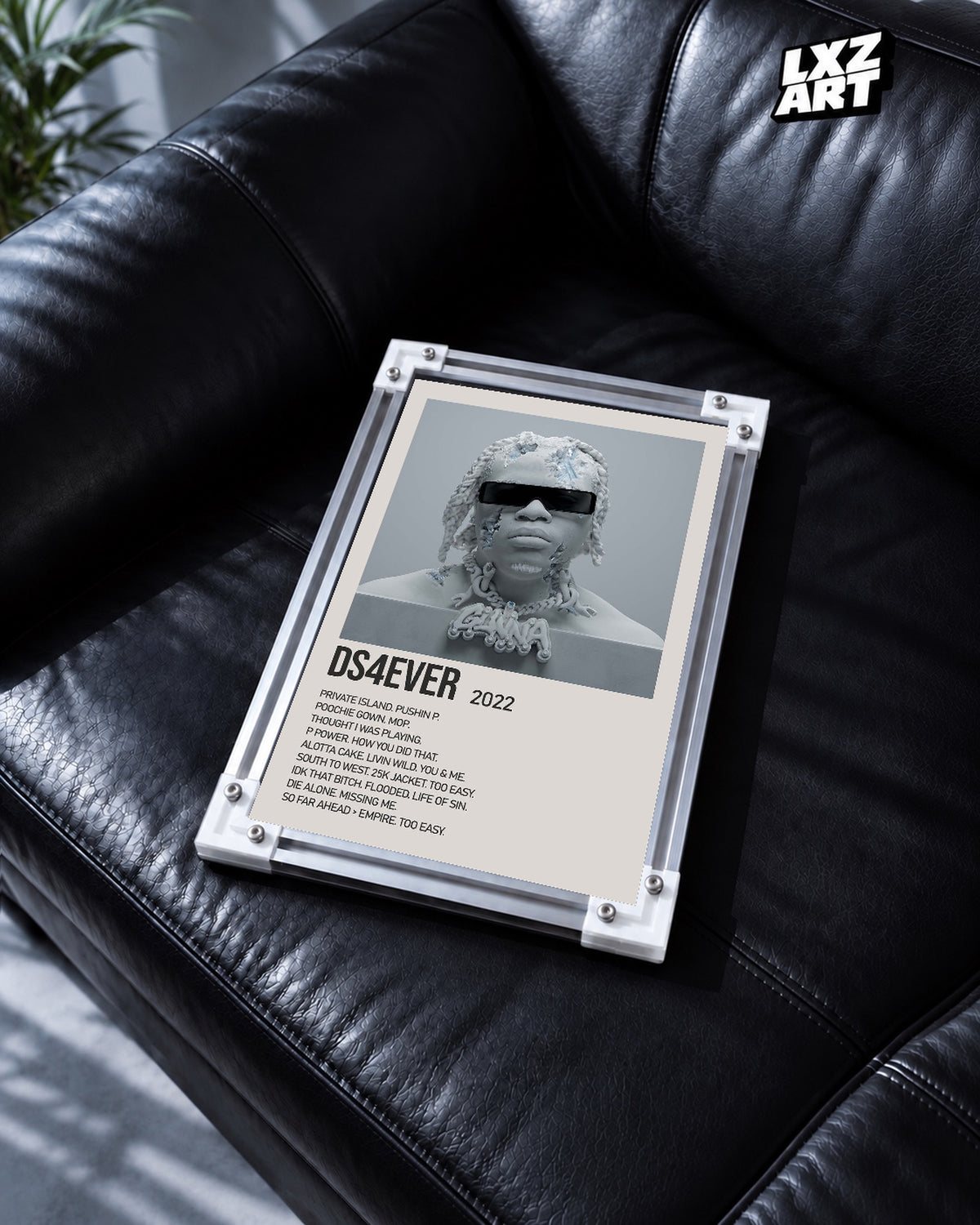 Gunna DS4EVER Cream Tracklist Poster | Unframed Wall Art — black leather sofa display; unframed print, frame not included