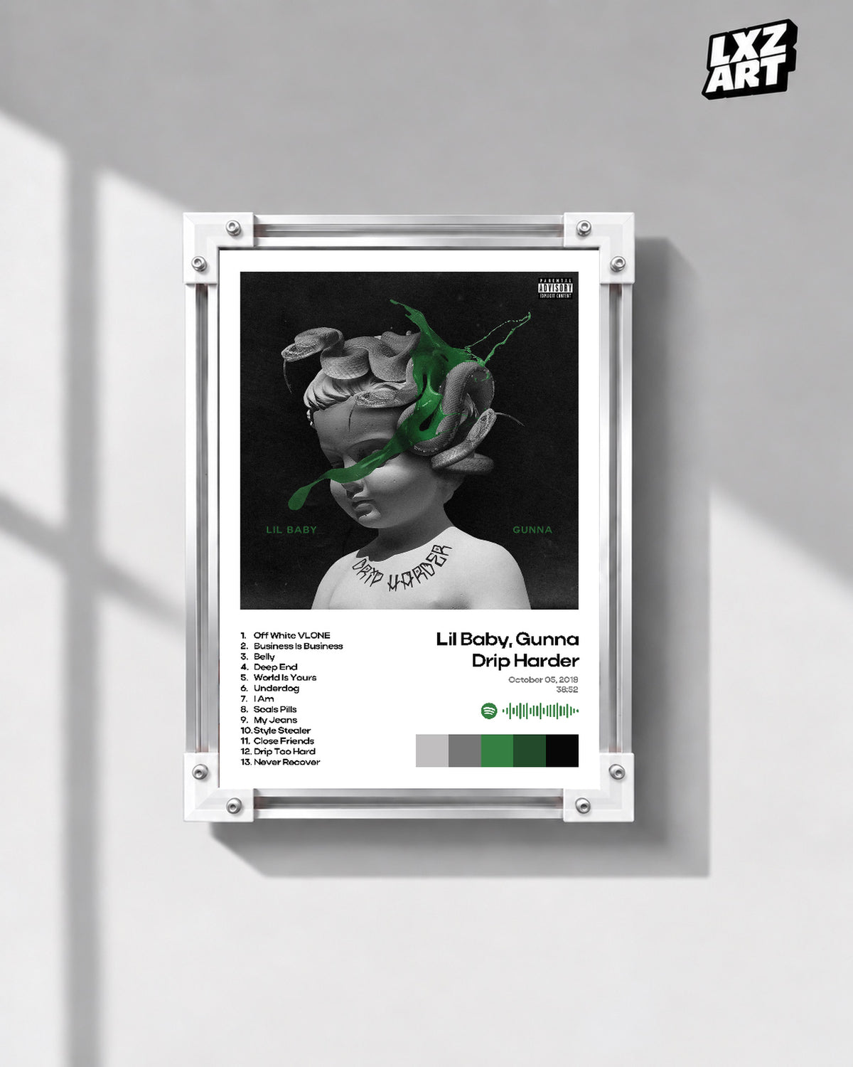 Lil Baby & Gunna Drip Harder White Tracklist Poster | Unframed Wall Art — gray wall display; unframed print, frame not included