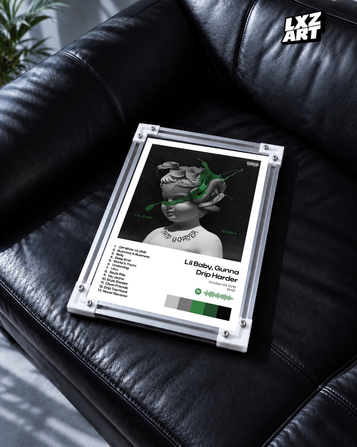 Lil Baby & Gunna Drip Harder White Tracklist Poster | Unframed Wall Art — black leather sofa display; unframed print, frame not included