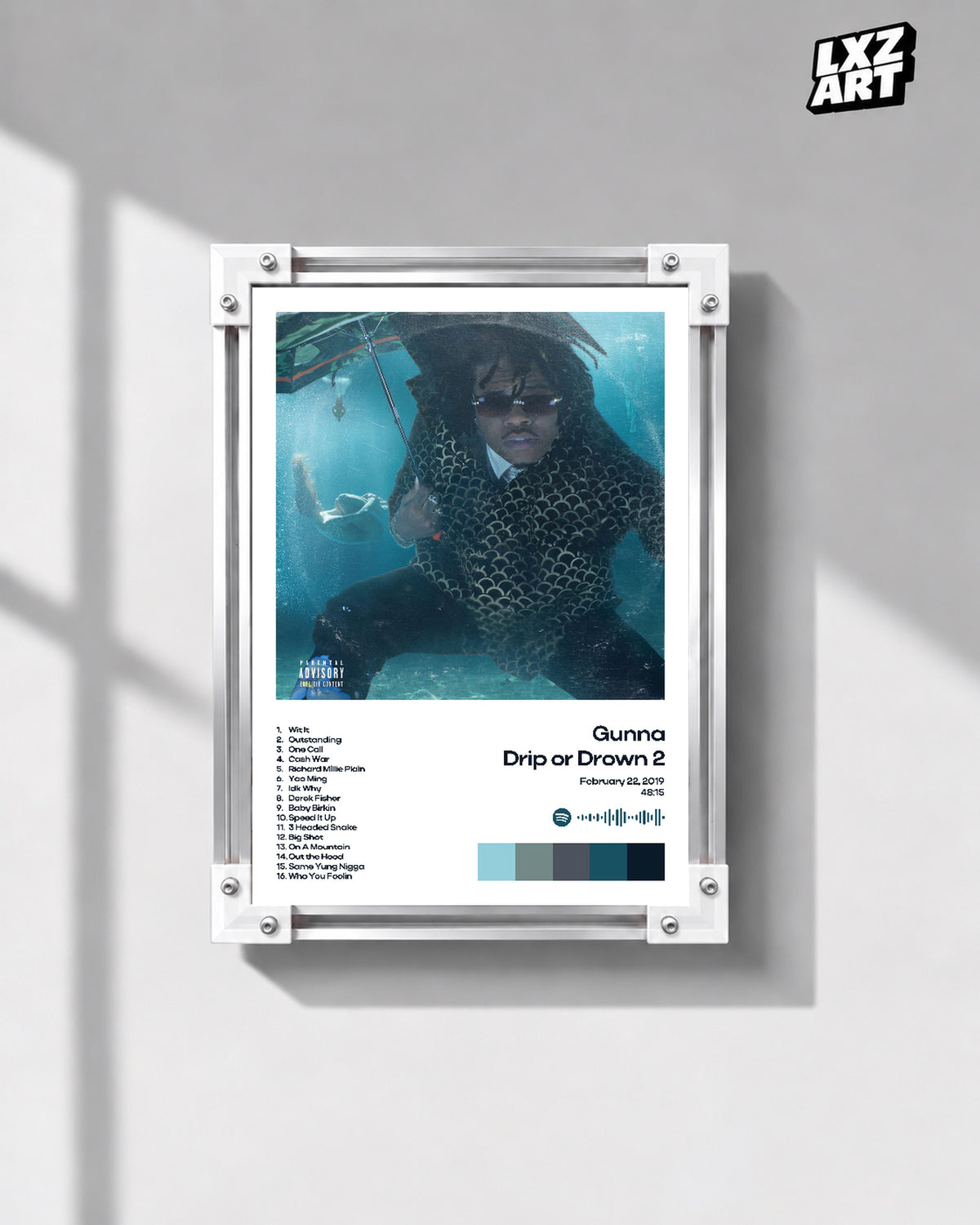 Gunna Drip or Drown 2 White Tracklist Poster | Unframed Wall Art — gray wall display; unframed print, frame not included