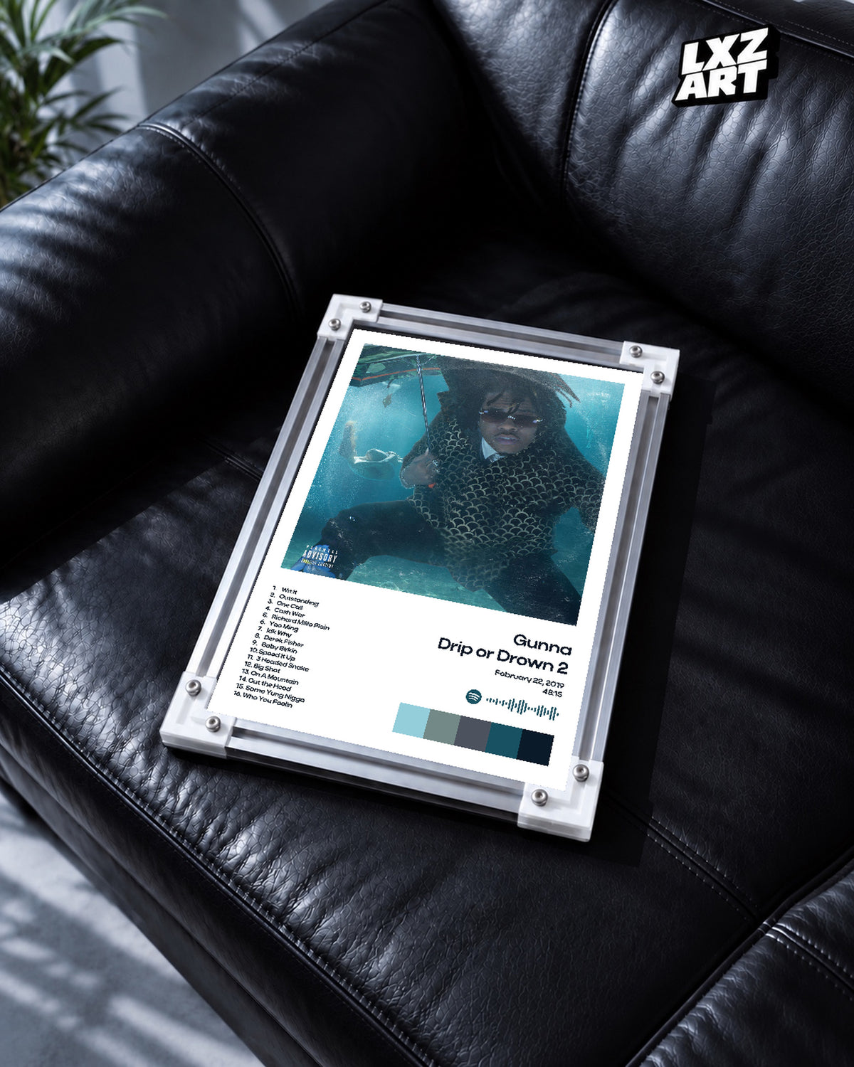 Gunna Drip or Drown 2 White Tracklist Poster | Unframed Wall Art — black leather sofa display; unframed print, frame not included