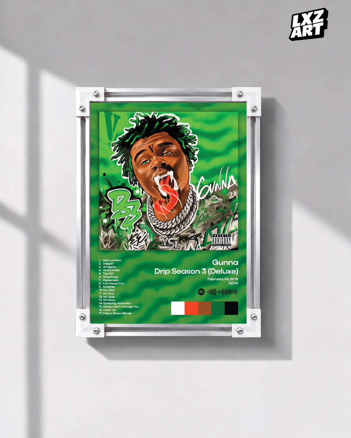Gunna Drip Season 3 Deluxe Green Tracklist Poster | Unframed Wall Art — gray wall display; unframed print, frame not included