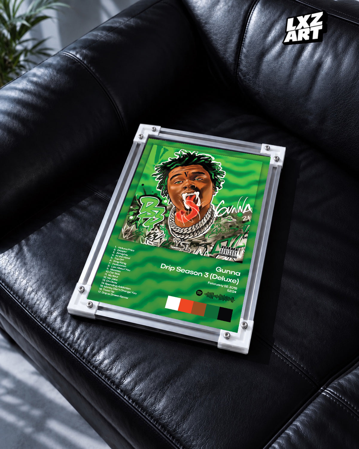 Gunna Drip Season 3 Deluxe Green Tracklist Poster | Unframed Wall Art — black leather sofa display; unframed print, frame not included