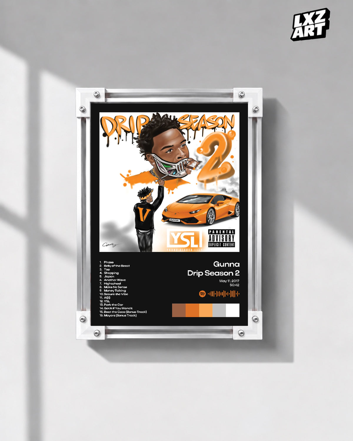 Gunna Drip Season 2 White Tracklist Poster | Unframed Wall Art — gray wall display; unframed print, frame not included