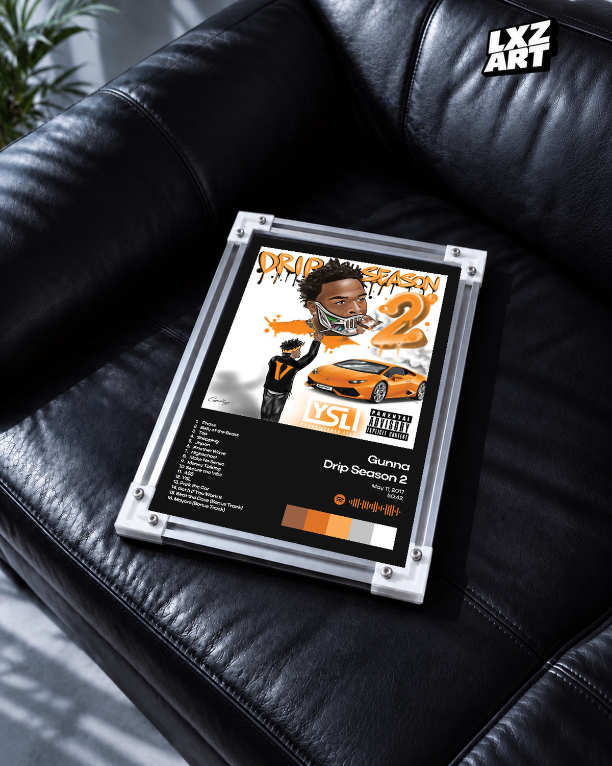Gunna Drip Season 2 White Tracklist Poster | Unframed Wall Art — black leather sofa display; unframed print, frame not included