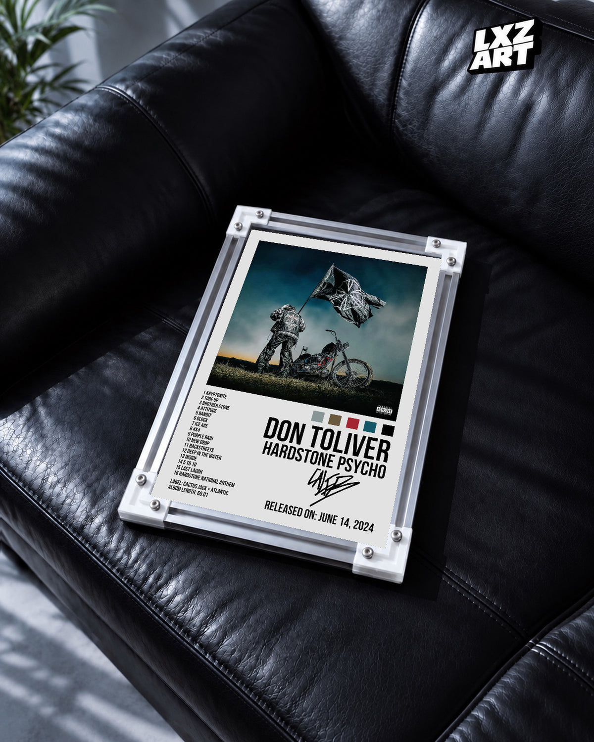 Don Toliver Hardstone Psycho White Signature Tracklist Poster | Unframed Wall Art — black leather sofa display; unframed print, frame not included