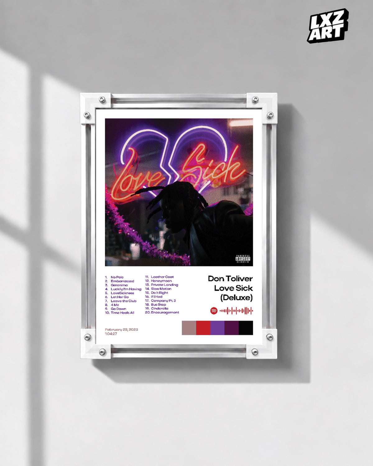 Don Toliver Love Sick Deluxe White Tracklist Poster | Unframed Wall Art — gray wall display; unframed print, frame not included