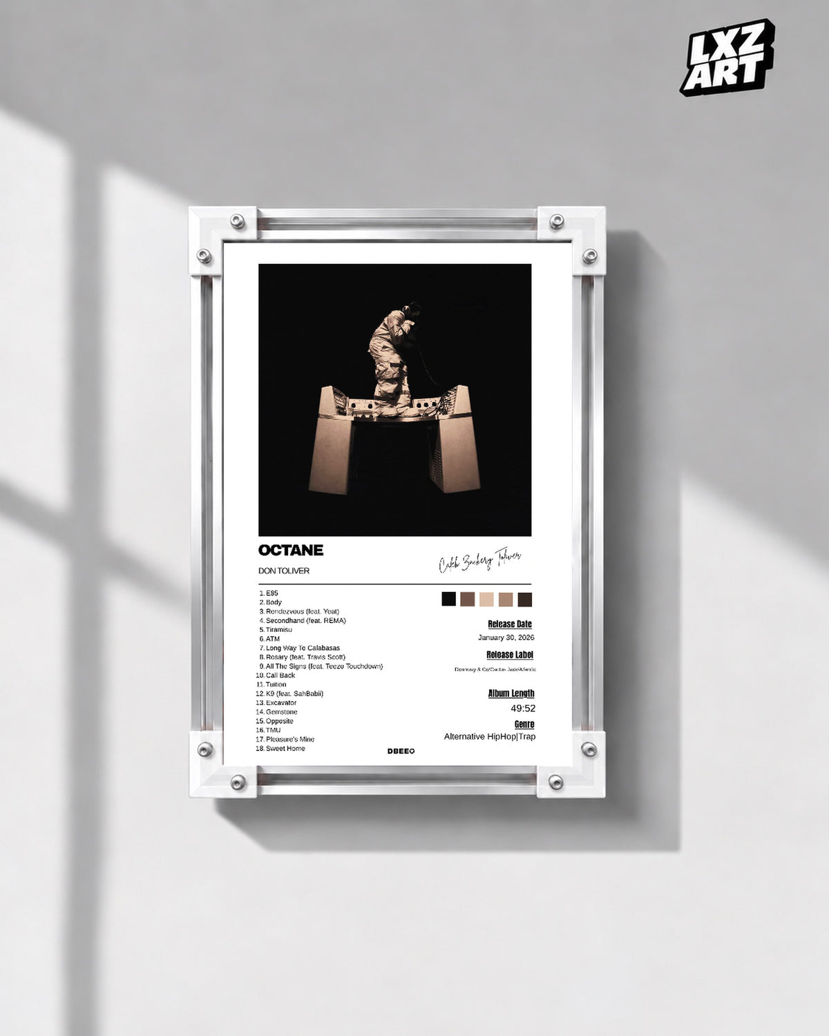 Don Toliver OCTANE White Signature Tracklist Poster | Unframed Wall Art — gray wall display; unframed print, frame not included