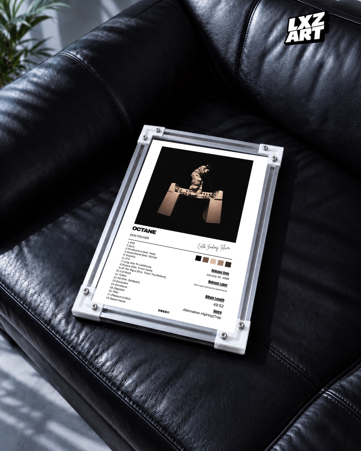 Don Toliver OCTANE White Signature Tracklist Poster | Unframed Wall Art — black leather sofa display; unframed print, frame not included