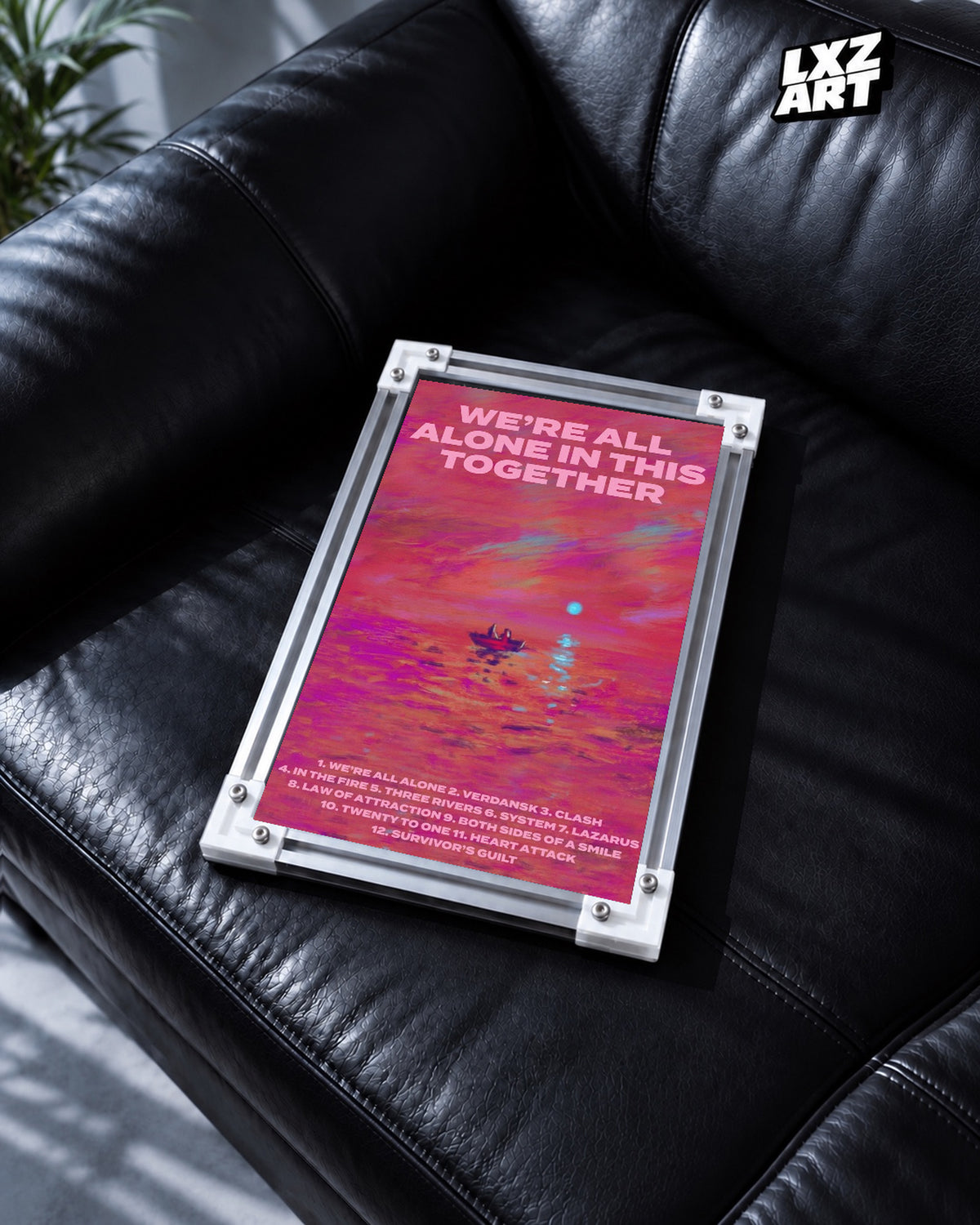 Dave We're All Alone in This Together Pink Title Poster | Unframed Wall Art — black leather sofa display; unframed print, frame not included